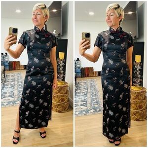 Vintage Black Floral Cheongsam Maxi Dress